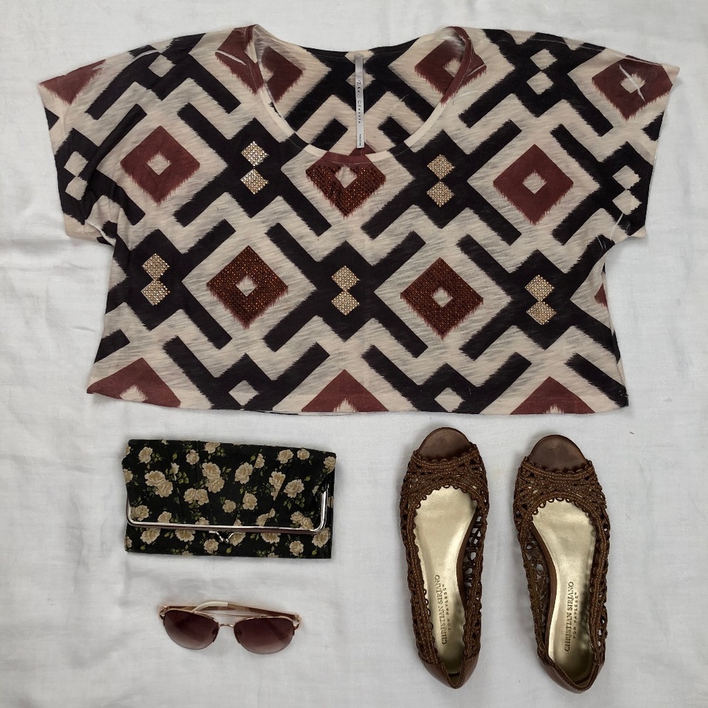 Cream and Brown t-shirt with designs & rhinestones